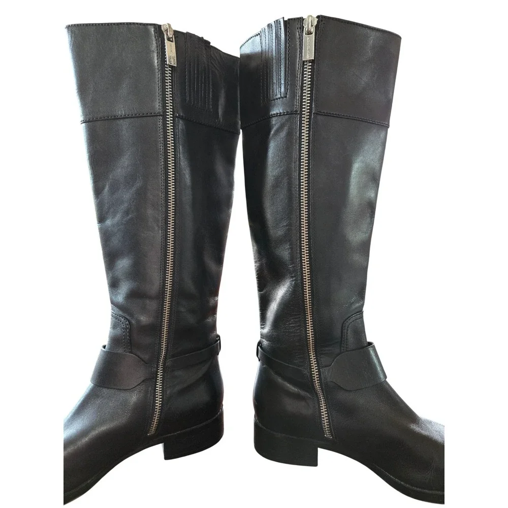 Michael Kors Black Leather Tall Riding Boots Silver MK Logo Medallion Womens 7M